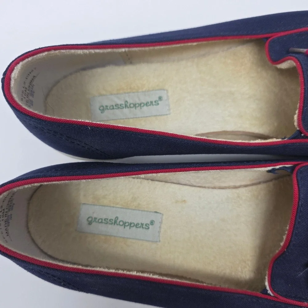 Grasshoppers Loafers Size 10M Nautical Boat Shoes Canvas Slip On Navy Blue Red